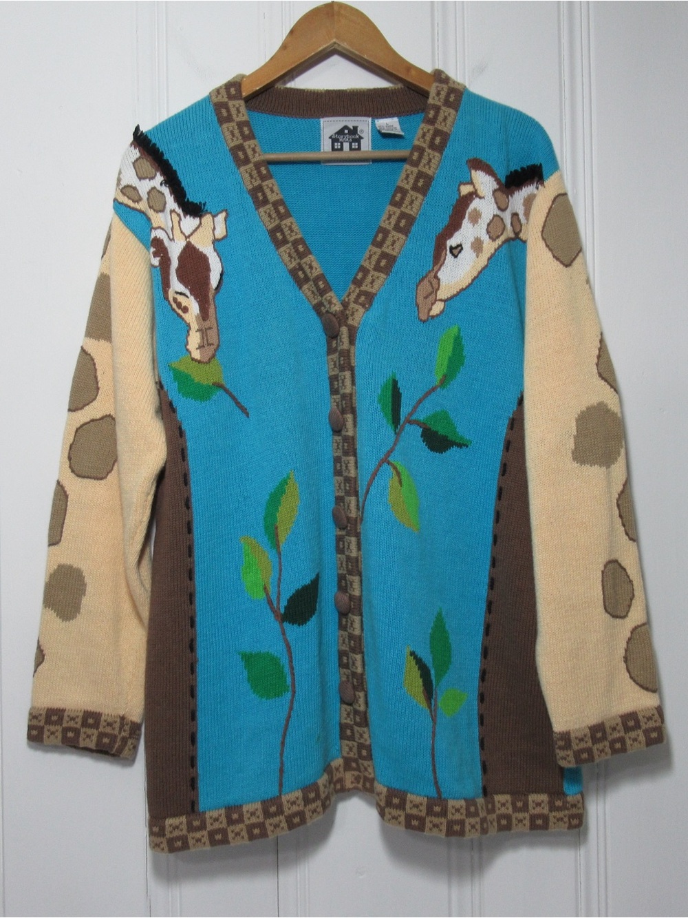 Whimsical Storybook Knits Turquoise & Cream Giraffe Knit Cardigan Size Large